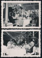 1937 Balatonfüred, kirándulás külföldiekkel, asztaltársaság, 2 db fotó, 4,5×6,5 cm