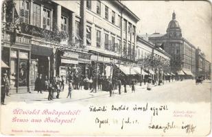 1899 Budapest V. Károly körút, üzletek, villamos. Schmidt Edgar kiadása (kopott sarkak / worn corners)