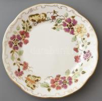 Zsolnay porcelán pillangó mintás süteményes készlet. Kézzel festett, jelzett, hibátlan. d: 17 cm, d:...