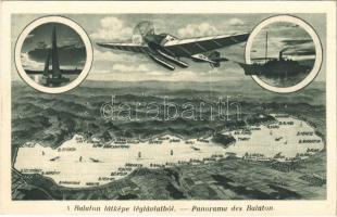 1937 Balaton, látkép légtávlatból hidroplánnal, gőzhajóval és vitorlással (fl)