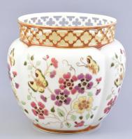 Zsolnay porcelán pillangó mintás áttört kaspó. Kézzel festett, jelzett, hibátlan. d: 20 cm, m: 17 cm