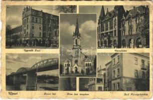 1943 Budapest IV. Újpest, Egyesült Izzó, Római katolikus templom, Városháza, Gróf Károlyi kórház, Dunai híd (fa)