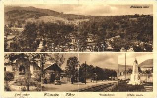 1938 Piliscsaba, Piliscsaba-Tábor; vasútállomás, Hősök szobra, emlékmű, Lurdi szobor. Hangya Szövetkezet kiadása (fa)