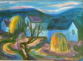 Mersits Piroska (1926-1988): Szénakazal. Akvarell, papír. Jelzett. Hátoldalán Képcsarnok Vállalat címkéjével. Üvegezett, kissé sérült keretben. 28x39,5 cm