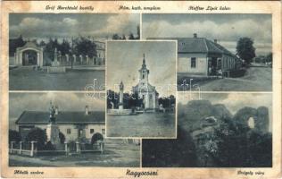 1938 Nagyoroszi, Gróf Berchtold kastély, Római katolikus templom, Heffter Lipót üzlete, Hősök szobra, emlékmű, Drégely vára (fl)
