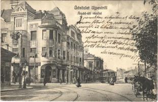 1911 Budapest IV. Újpest, Árpád út, villamos, cukrászda, gyógyszertár, drogéria. Weisz Berthold kiadása