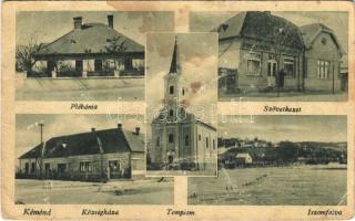 Kéménd, Kamendin, Kamenin; Plébánia, Templom, Községháza, Iszomfalva, Fogyasztási Szövetkezet üzlete és saját kiadása / parish, church, town hall, village, cooperative shop (gyűrődés / crease)