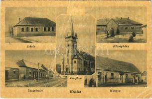 Kelebia, Iskola, Községháza, Templom, utca télen, Hangya Szövetkezet üzlete (apró lyuk / tiny hole)