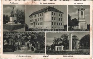 1943 Aszód, Petőfi szobor, Evangélikus templom és Petőfi gimnázium, Evangélikus leánynevelőintézet, Hősi emlékmű (gyűrődés / crease)