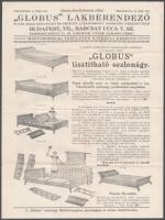 1928 Kétoldalas rajzos Globus Lakberendező reklámlap, tisztítható sezlonágyról, hajtva, jó állapotban