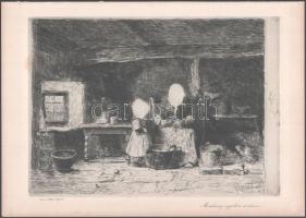 Munkácsy Mihály (1844-1900): Konyhában. Munkácsy egyetlen rézkarca, papír, jelzett a karcon. Kissé foltos, 20×28 cm