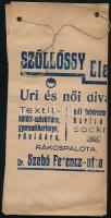 1920 Szöllősy Elemér rákospalotai divatáru-kereskedő papírtasakja, jó állapotban