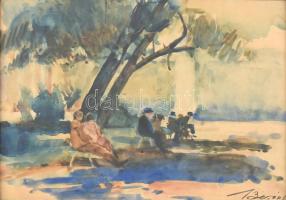 Beron Gyula (1885-1971): Ligetben. Akvarell, papír, jelzett. Üvegezett, kissé sérült dekoratív fa keretben. 22×28,5 cm