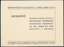 1932 Diener-Dénes Rudolf (1889-1956) festőművész kiállítására szóló meghívó, a művész saját kézzel írt és aláírt meghívó soraival