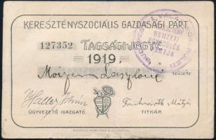 1919 A Keresztényszociális Gazdasági Párt tagsági jegye kitöltve, 4 tagsági bélyeggel (egyik felülbélyegezve)