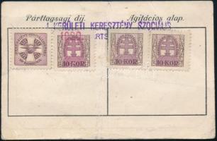 1919 A Keresztényszociális Gazdasági Párt tagsági jegye kitöltve, 4 tagsági bélyeggel (egyik felülbé...