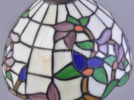 Bronzírozott fém asztali lámpa Tiffany jellegű ólomüveg lámpaburával m: 43 cm d: 26 cm