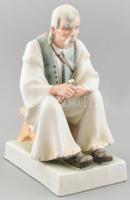 Zsolnay nagyméretű kézzel festett porcelán szalonnázó juhász szobor, jelzett, hibátlan, 32 cm
