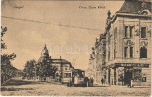 Szeged, Tisza Lajos körút, villamos, Markovics Lajos üzlete. Vasúti levelezőlapárusítás 56. 1918
