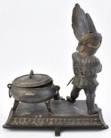 Antik ón figurális toll- és tintatartó, jelzett, az üst fedele lejár, 19x12x23 cm