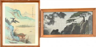 2 db távol-keleti (kínai?) tájkép, nyomat, üvegezett fa keretben, 17x37 és 27,5x22 cm