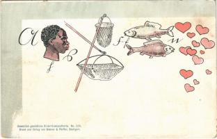 Fekete halász fiú / Black fisherman boy. Greiner & pfeiffer Bilderrätselpostkarte No. 306.