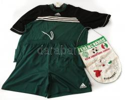 Adidas futball mez, rövidnadrág és póló, zöld színben, használt állapotban + 1995 FTC Ferencváros UEFA Champions League zászló, 37x28 cm