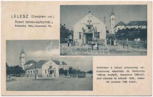 1943 Lelesz, Leles (Újhely, Slovenské Nové Mesto); Szent István kultúrház (felavatva 1941. november 16.), háttérben a prépostság várklastroma / cultural house, abbey (ázott / wet damage)