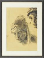Wegenast Róbert (1930-2019): Leány fej. Szén, papír, jelzett, üvegezett fa keretben, 35,5×28,5 cm