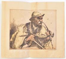 Zádor István (1882-1963): Pipázó juhász. Színes rézkarc, papír, jelzett, hajtott, foltos, 24×28 cm