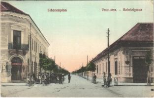 1912 Fehértemplom, Ung. Weisskirchen, Bela Crkva; Vasút utca, Nikolaus Miutza és Rudolf Schönborn üzlete / street, shops