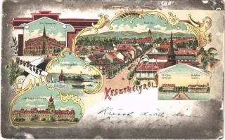 1901 Keszthely, Római katolikus főgimnázium, Fő utca, Fürdőszigetek, Hullám vendéglő, Balaton szálló, Gróf Festetics Palota. Sujánszky kiadása, floral Art Nouveau litho (EK)