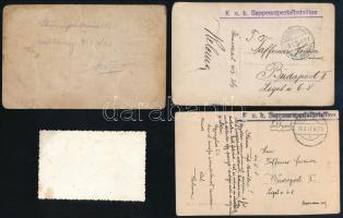 cca 1917-1940 4 db katonai fotó, kettő K. u. k. Sappeurspezialbataillon pecséttel, felületükön törés...