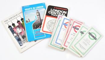 cca 1962-1972 Londonnal kapcsolatos térkép tétel, London Central Pocket map, Nicholsons Whats in London, 8 db különféle közlekedési térkép, összesen 10 db. + 1977 The Tower of London prospektus.