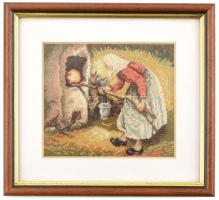 Kenyér sütés - 1 szálas selyem gobelin kép keretezve 16 x17.5 cm