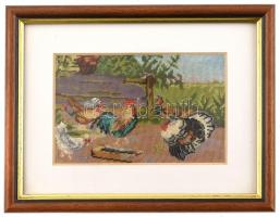 Baromfi udvar - 1 szálas selyen gobelin kép keretezve 14 x18 cm