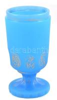 Türkizszínű üvegpohár, kopott aranyozással, csorbákkal, m: 14 cm