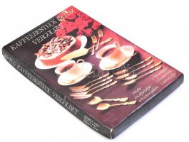 Aranyozott fém kávés/süteményes evőeszköz készlet, 15 darabos, eredeti dobozában, minimális kopással