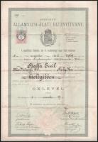 1888 Erdészeti államvizsgálati bizonyítvány, aláírásokkal, szárazpecséttel, 1 Ft okmánybélyeggel, kisebb szakadásokkal