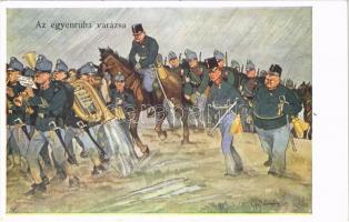 1913 Az egyenruha varázsa / Austro-Hungarian K.u.K. military art postcard, officers, music band in the rain. B.K.W.I. 880-12. s: Schönpflug