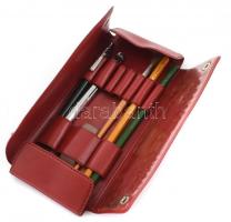 Retro műbor tolltartó tartalommal: golyóstoll, többszínű toll, 2 db ceruza, ecset, radírgumi
