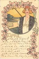 1900 April. Art Nouveau lady, floral, litho + titkosírás / cryptography (EK)