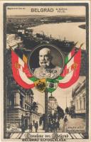 Ferenc József, Belgrád elfoglalása / Einnahme of Belgrad / Franz Joseph I of Austria, the Occupation of Beograd, WWI Austro-Hungarian K.u.K. military propaganda, coat of arms and flags