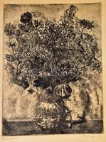 Scultéty Éva (1917-2001): Virág csendélet, rézkarc, papír, jelzett, lap széle foltos és sérült, 38,5×29,5 cm