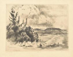 Iván Szilárd (1912-1988): Tihanyi táj. Rézkarc, papír, jelzett, számozott (89/100), kissé foltos, lapszéli szakadásokkal, 29×38,5 cm