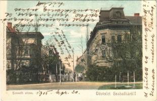 1905 Szabadka, Subotica; Kossuth utca, villamos, üzlet. Heumann Mór kiadása / street view, tram, shop