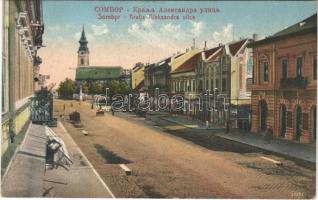 Zombor, Sombor; Kralja Aleksandra ulica / utca, üzletek, templom / street view, shops, church + 1941 Zombor visszatért So. Stpl.
