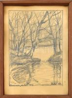 Bokor Béla (?-?): Erdei patak. Szén, papír. Üvegezett fa keretben. 29x21 cm