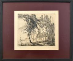 Szőnyi István (1894-1960): Kálvária. Rézkarc, papír, jelzett, plexiüvegezett fa keretben, 20×23 cm
