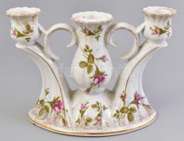 Chodziez 3 ágú asztali gyertyatartó, porcelán, matrica, rózsás díszítéssel, kopott, jelzett, m: 15 cm